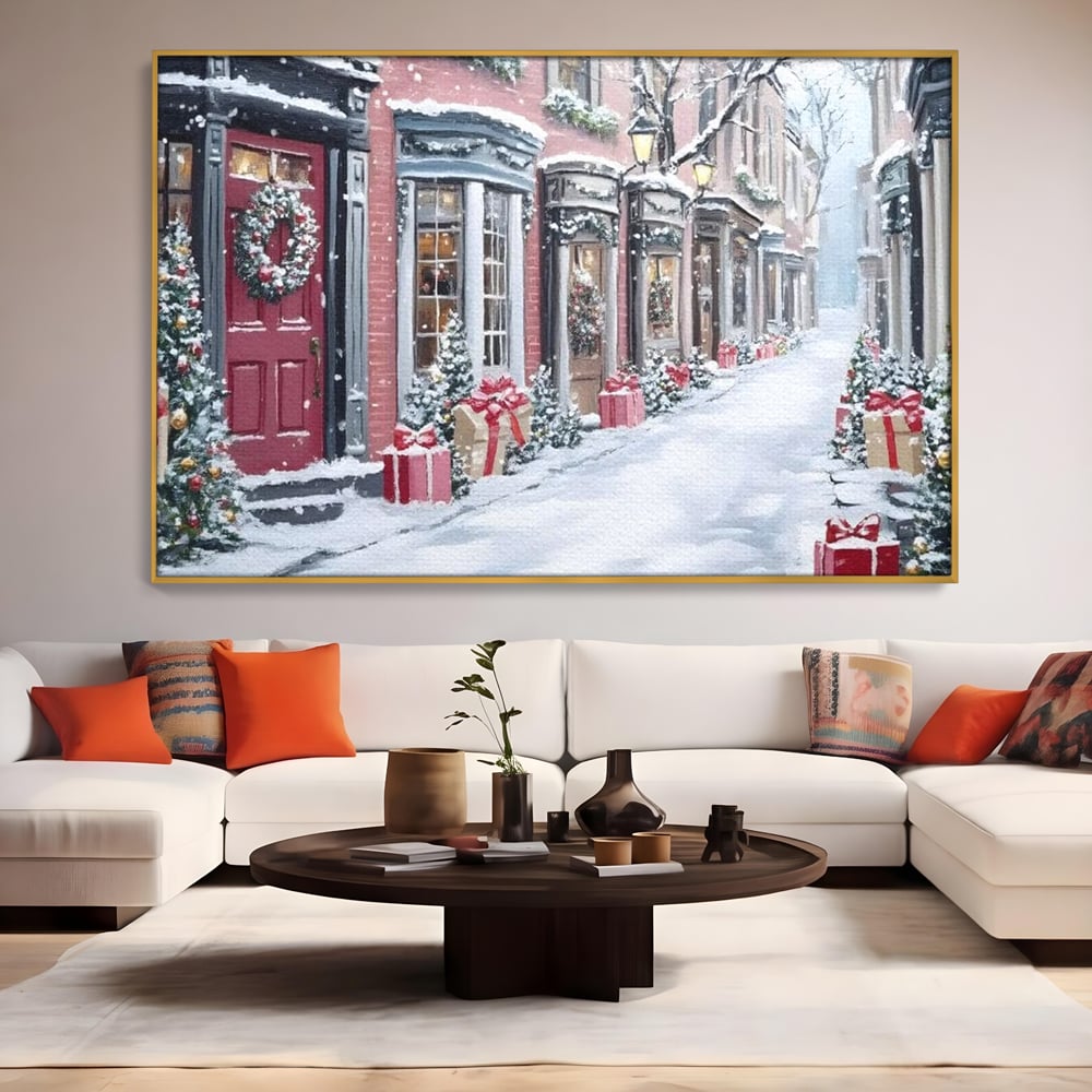 Tablou Canvas Premium, LuxCanva® D1083, Craciun Urban, Strada, Daruri, Zapada, Case, Iarna, Lumini, Impodobite, Poveste, Ajun, Plimbare, Feeric, Magie, Coronite, Vis, Oras, Camera Copil, Living, Dormitor