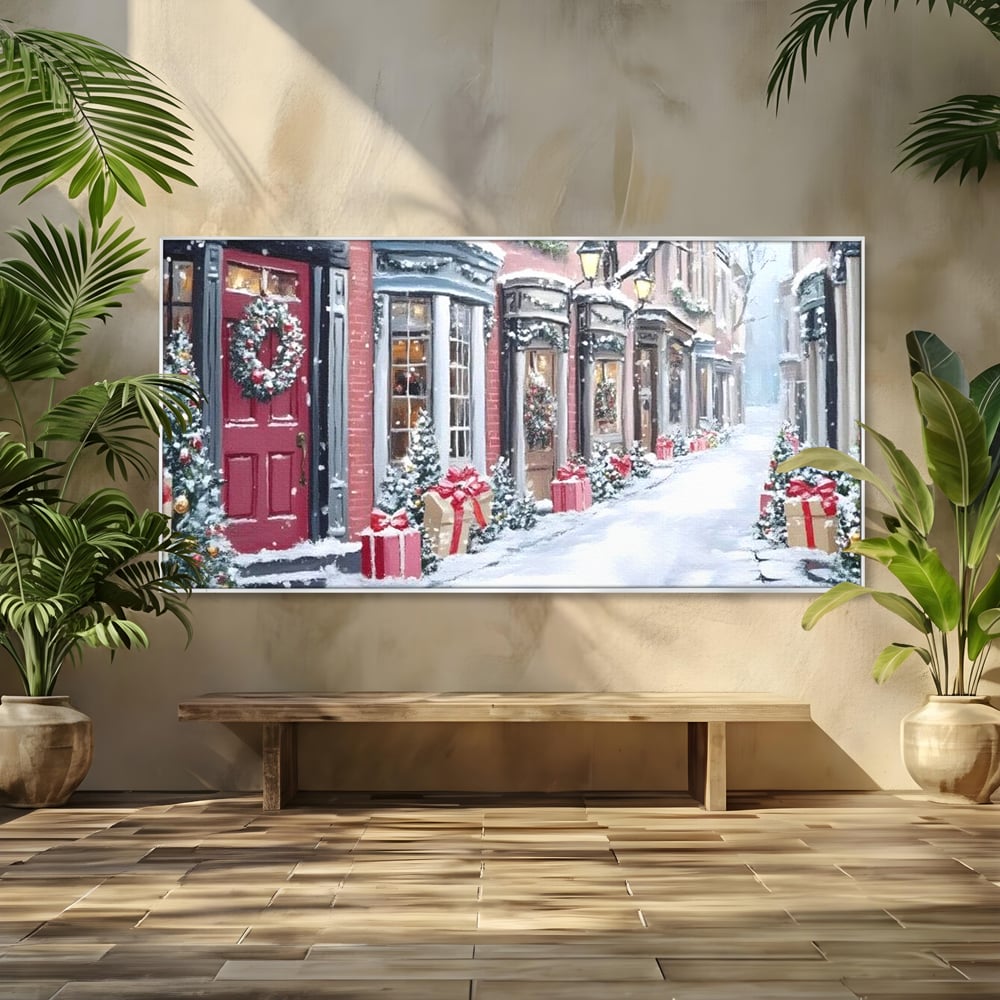 Tablou Canvas Premium, LuxCanva® D1083, Craciun Urban, Strada, Daruri, Zapada, Case, Iarna, Lumini, Impodobite, Poveste, Ajun, Plimbare, Feeric, Magie, Coronite, Vis, Oras, Camera Copil, Living, Dormitor