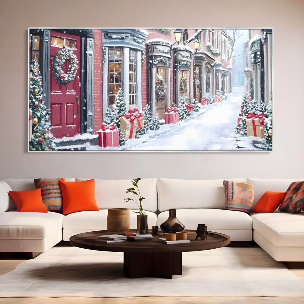 Tablou Canvas Premium, LuxCanva® D1083, Craciun Urban, Strada, Daruri, Zapada, Case, Iarna, Lumini, Impodobite, Poveste, Ajun, Plimbare, Feeric, Magie, Coronite, Vis, Oras, Camera Copil, Living, Dormitor