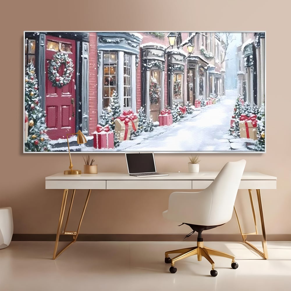 Tablou Canvas Premium, LuxCanva® D1083, Craciun Urban, Strada, Daruri, Zapada, Case, Iarna, Lumini, Impodobite, Poveste, Ajun, Plimbare, Feeric, Magie, Coronite, Vis, Oras, Camera Copil, Living, Dormitor