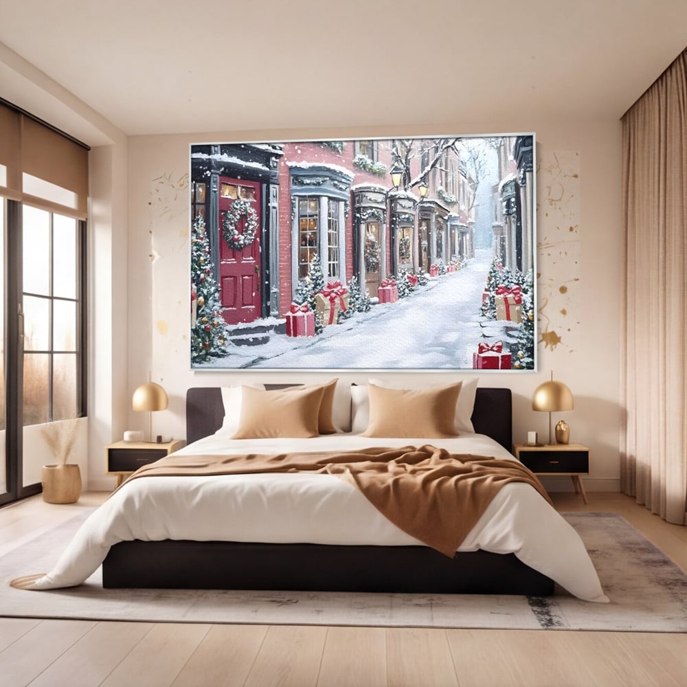 Tablou Canvas Premium, LuxCanva® D1083, Craciun Urban, Strada, Daruri, Zapada, Case, Iarna, Lumini, Impodobite, Poveste, Ajun, Plimbare, Feeric, Magie, Coronite, Vis, Oras, Camera Copil, Living, Dormitor