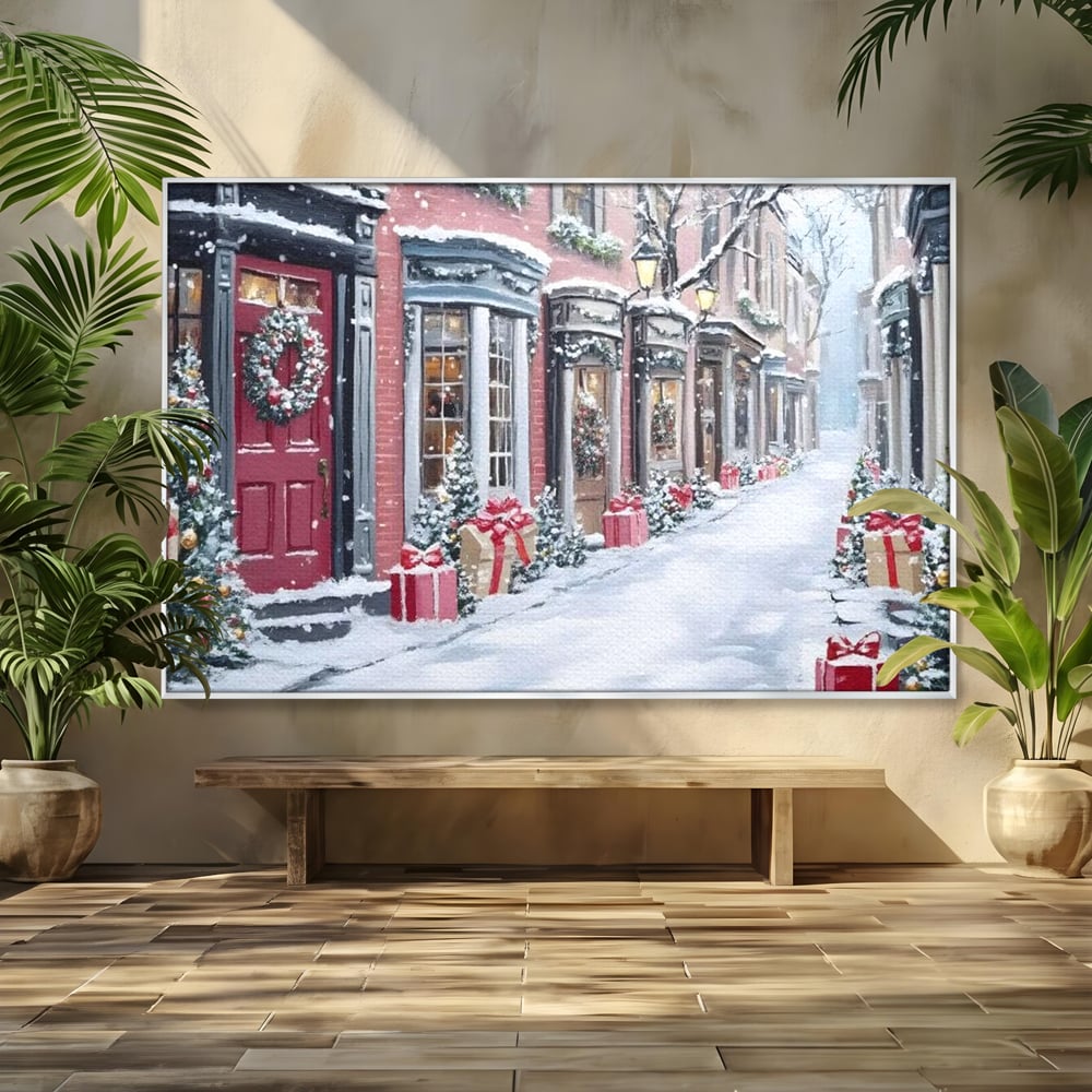Tablou Canvas Premium, LuxCanva® D1083, Craciun Urban, Strada, Daruri, Zapada, Case, Iarna, Lumini, Impodobite, Poveste, Ajun, Plimbare, Feeric, Magie, Coronite, Vis, Oras, Camera Copil, Living, Dormitor