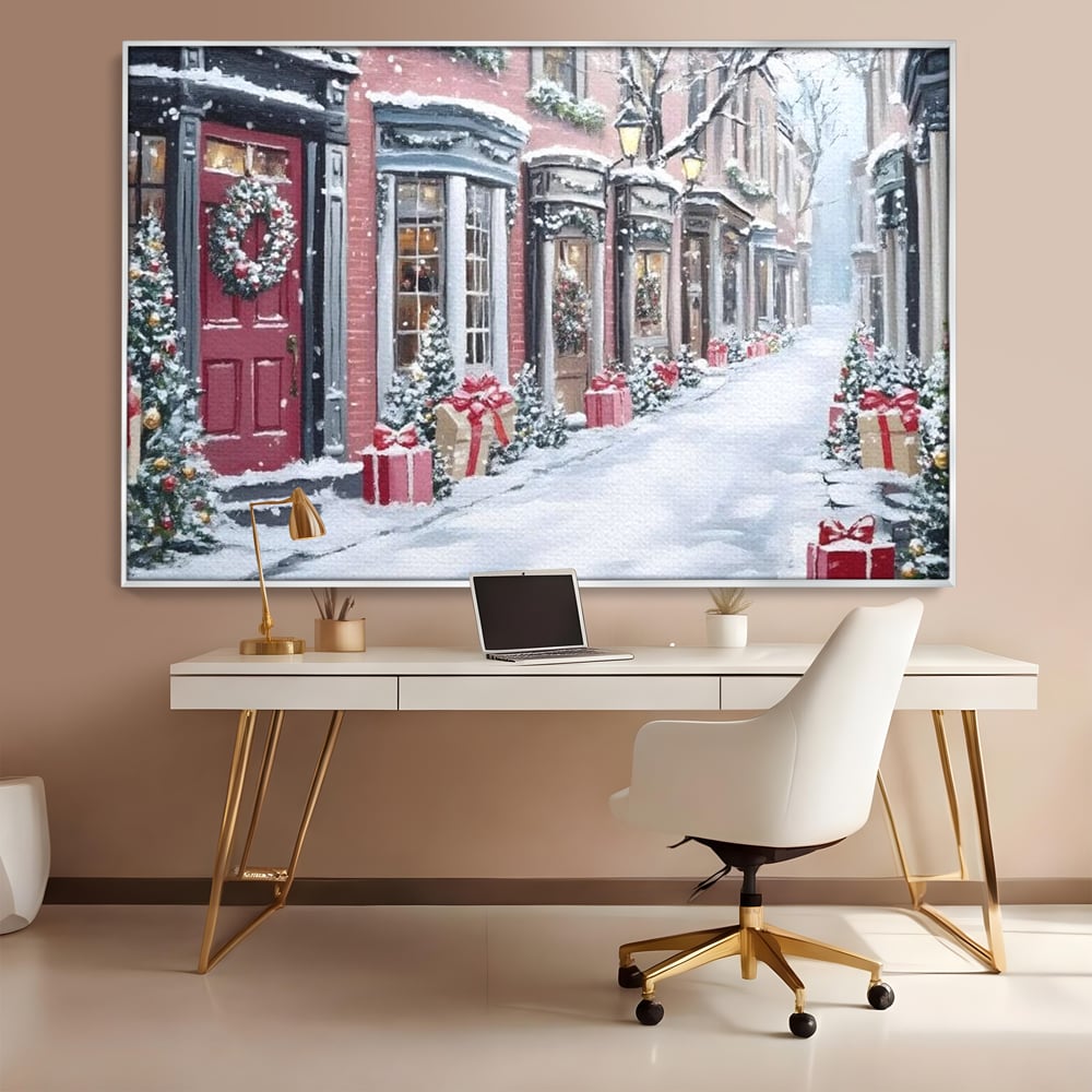 Tablou Canvas Premium, LuxCanva® D1083, Craciun Urban, Strada, Daruri, Zapada, Case, Iarna, Lumini, Impodobite, Poveste, Ajun, Plimbare, Feeric, Magie, Coronite, Vis, Oras, Camera Copil, Living, Dormitor