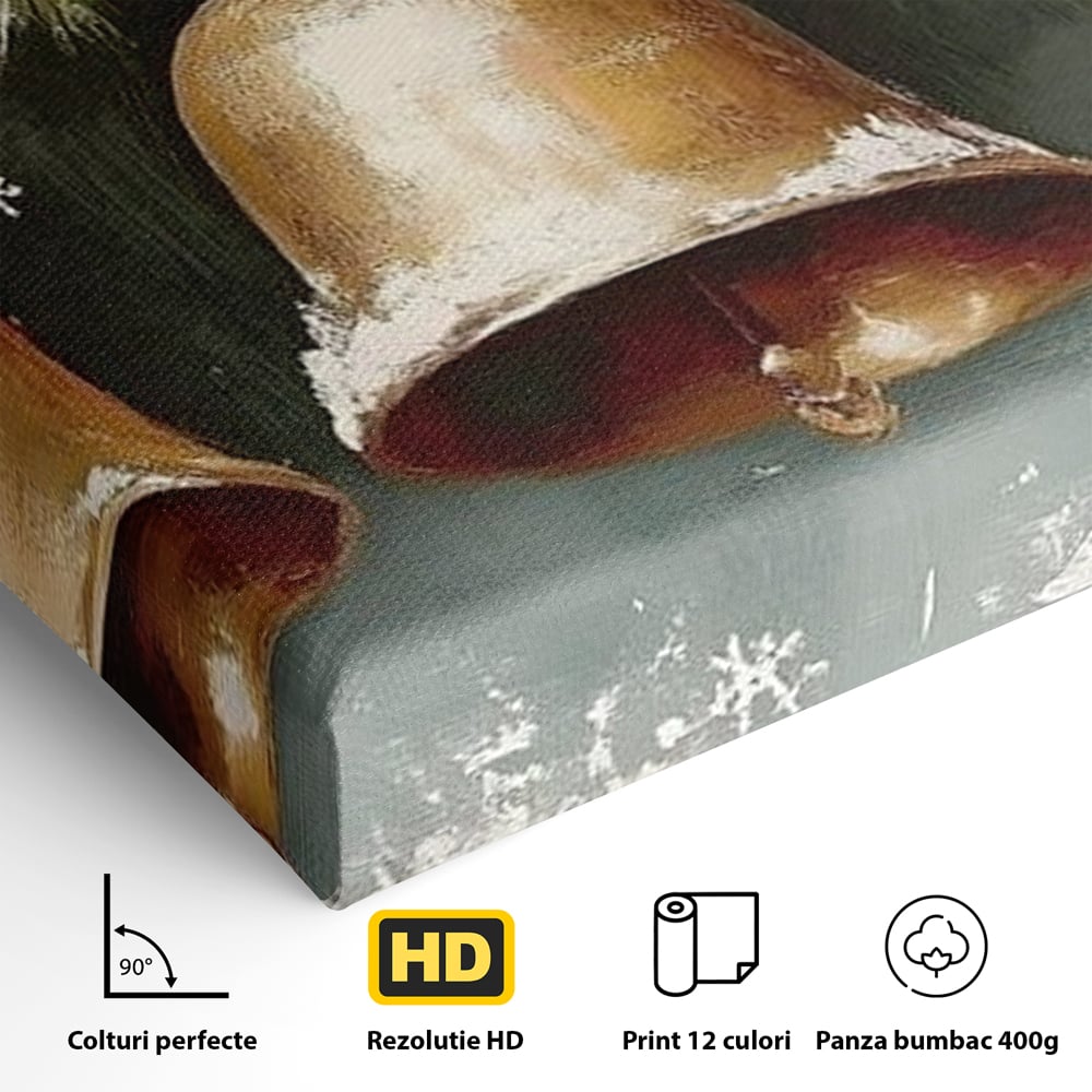 Leinwand Wandkunst Canvas Wall Art Premium, LuxCanva® D1084, Holiday Echos, Glocken, Weihnachten, Golden, Rot, Früchte, Tanne, Grün, Magie, Klang, Äste, Zweige, Tradition, Freude, Dezember, fröhlich, Kinderzimmer, Wohnzimmer, Schlafzimmer