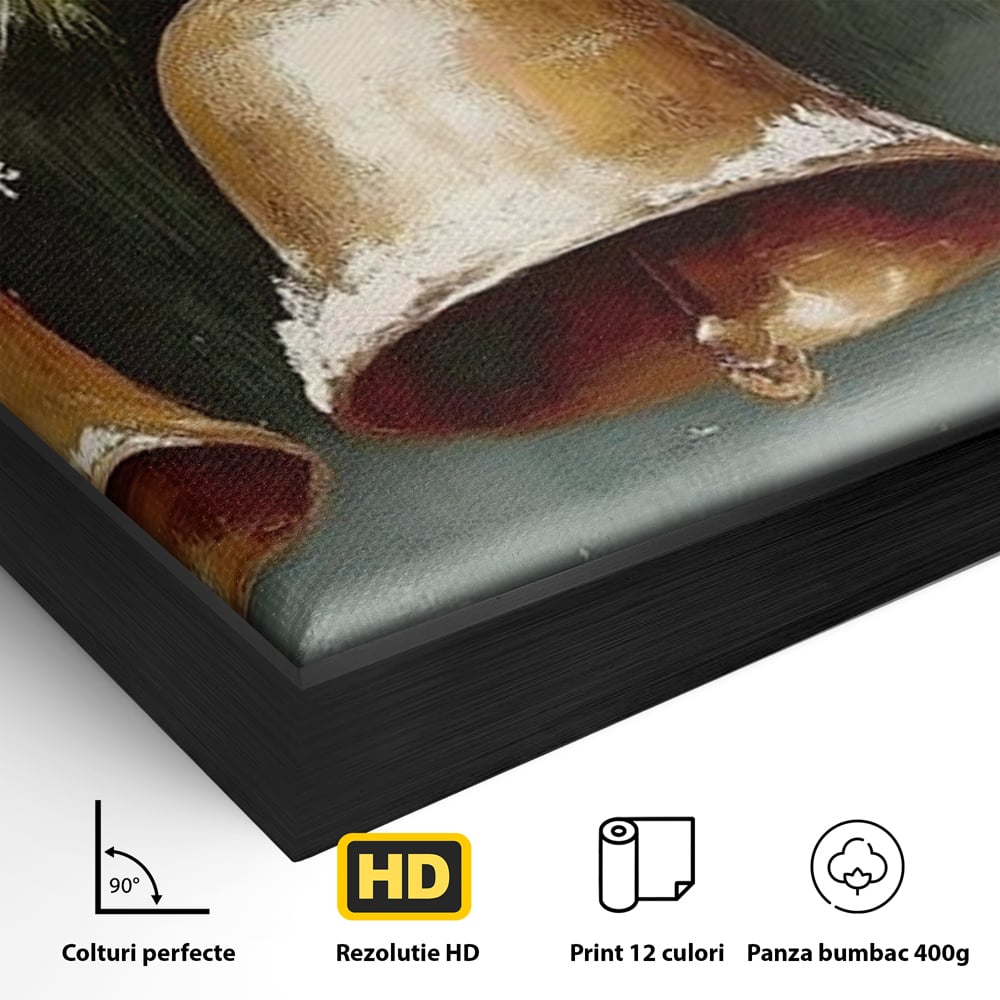 Leinwand Wandkunst Canvas Wall Art Premium, LuxCanva® D1084, Holiday Echos, Glocken, Weihnachten, Golden, Rot, Früchte, Tanne, Grün, Magie, Klang, Äste, Zweige, Tradition, Freude, Dezember, fröhlich, Kinderzimmer, Wohnzimmer, Schlafzimmer
