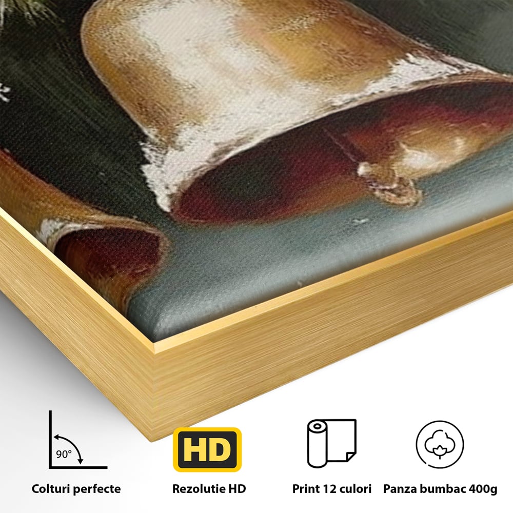 Leinwand Wandkunst Canvas Wall Art Premium, LuxCanva® D1084, Holiday Echos, Glocken, Weihnachten, Golden, Rot, Früchte, Tanne, Grün, Magie, Klang, Äste, Zweige, Tradition, Freude, Dezember, fröhlich, Kinderzimmer, Wohnzimmer, Schlafzimmer
