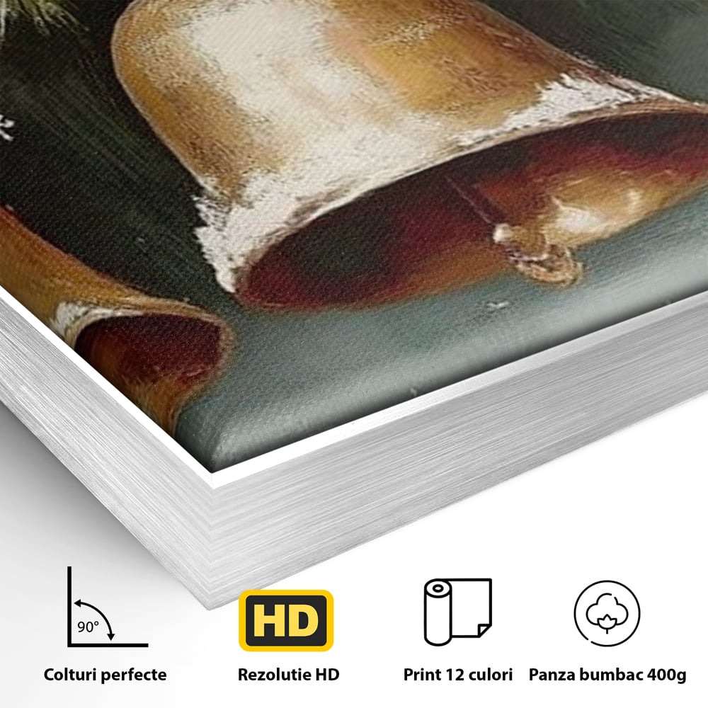 Leinwand Wandkunst Canvas Wall Art Premium, LuxCanva® D1084, Holiday Echos, Glocken, Weihnachten, Golden, Rot, Früchte, Tanne, Grün, Magie, Klang, Äste, Zweige, Tradition, Freude, Dezember, fröhlich, Kinderzimmer, Wohnzimmer, Schlafzimmer