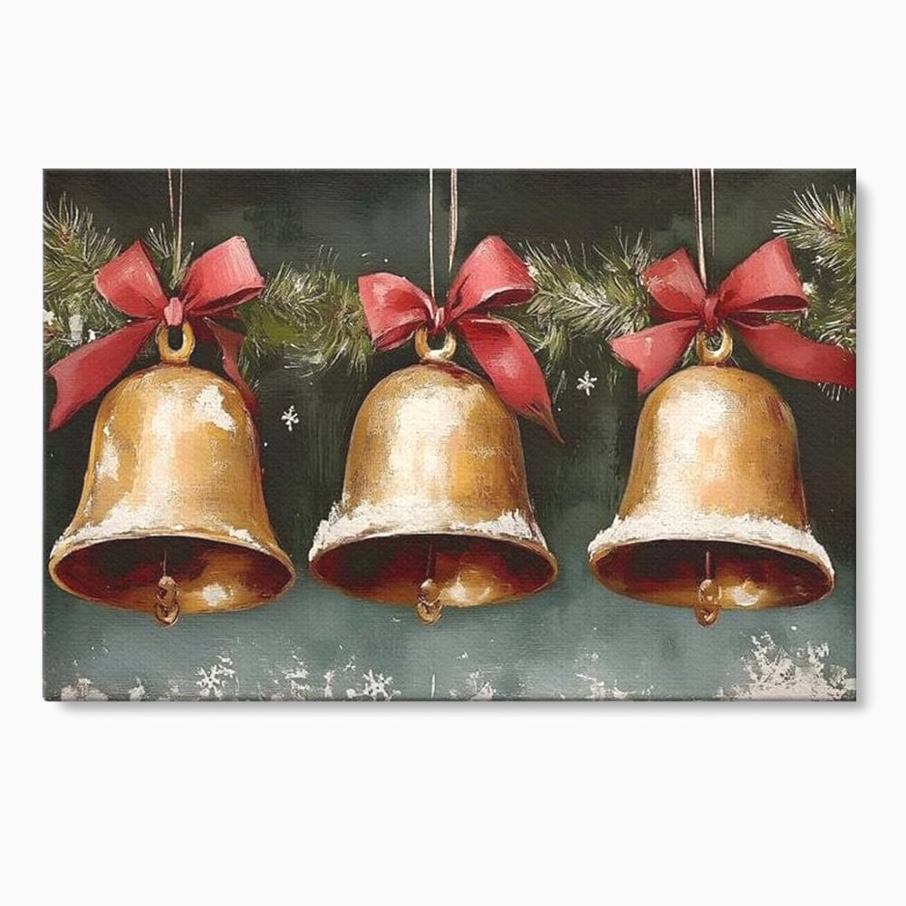 Leinwand Wandkunst Canvas Wall Art Premium, LuxCanva® D1084, Holiday Echos, Glocken, Weihnachten, Golden, Rot, Früchte, Tanne, Grün, Magie, Klang, Äste, Zweige, Tradition, Freude, Dezember, fröhlich, Kinderzimmer, Wohnzimmer, Schlafzimmer