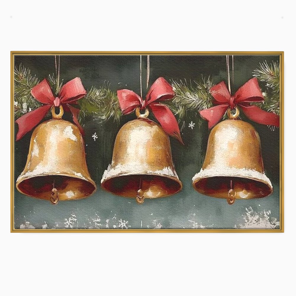 Leinwand Wandkunst Canvas Wall Art Premium, LuxCanva® D1084, Holiday Echos, Glocken, Weihnachten, Golden, Rot, Früchte, Tanne, Grün, Magie, Klang, Äste, Zweige, Tradition, Freude, Dezember, fröhlich, Kinderzimmer, Wohnzimmer, Schlafzimmer