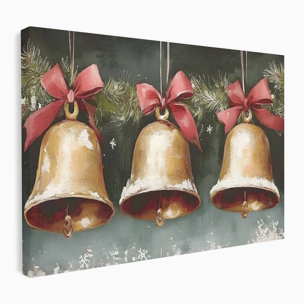 Leinwand Wandkunst Canvas Wall Art Premium, LuxCanva® D1084, Holiday Echos, Glocken, Weihnachten, Golden, Rot, Früchte, Tanne, Grün, Magie, Klang, Äste, Zweige, Tradition, Freude, Dezember, fröhlich, Kinderzimmer, Wohnzimmer, Schlafzimmer