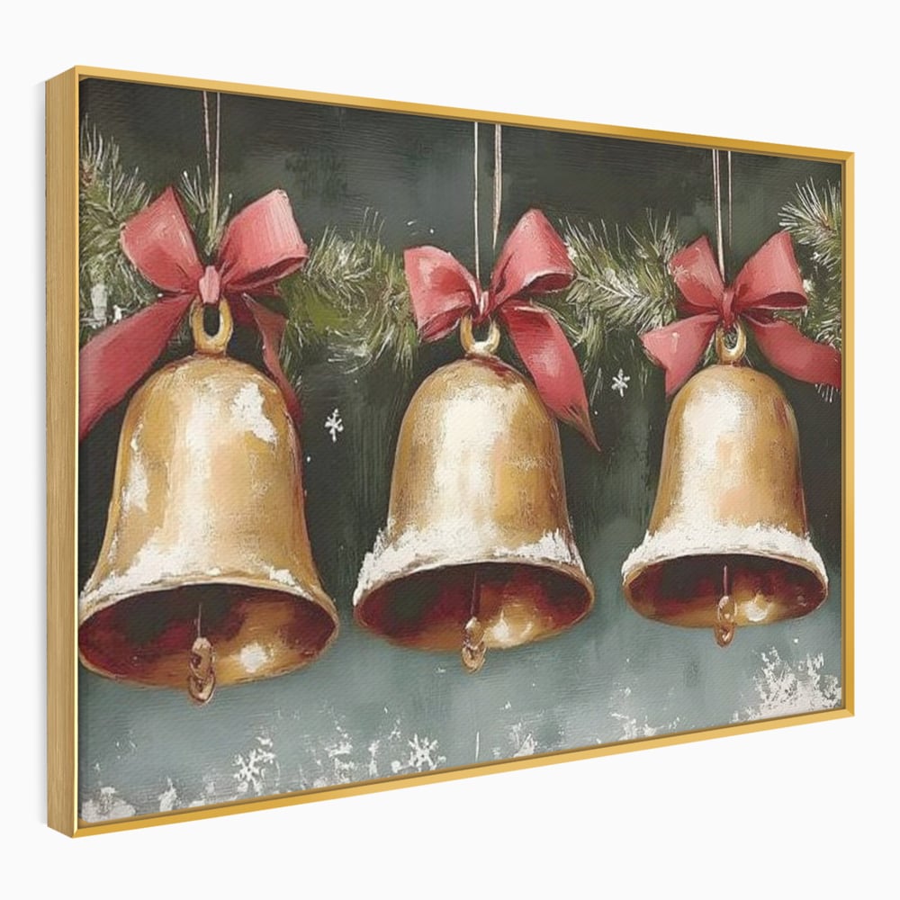 Leinwand Wandkunst Canvas Wall Art Premium, LuxCanva® D1084, Holiday Echos, Glocken, Weihnachten, Golden, Rot, Früchte, Tanne, Grün, Magie, Klang, Äste, Zweige, Tradition, Freude, Dezember, fröhlich, Kinderzimmer, Wohnzimmer, Schlafzimmer