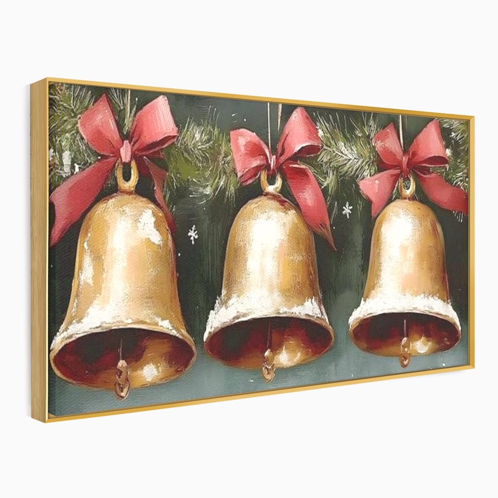 Leinwand Wandkunst Canvas Wall Art Premium, LuxCanva® D1084, Holiday Echos, Glocken, Weihnachten, Golden, Rot, Früchte, Tanne, Grün, Magie, Klang, Äste, Zweige, Tradition, Freude, Dezember, fröhlich, Kinderzimmer, Wohnzimmer, Schlafzimmer