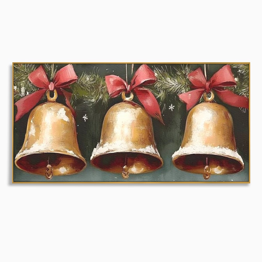 Leinwand Wandkunst Canvas Wall Art Premium, LuxCanva® D1084, Holiday Echos, Glocken, Weihnachten, Golden, Rot, Früchte, Tanne, Grün, Magie, Klang, Äste, Zweige, Tradition, Freude, Dezember, fröhlich, Kinderzimmer, Wohnzimmer, Schlafzimmer