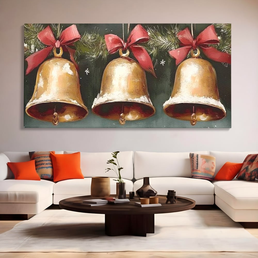 Leinwand Wandkunst Canvas Wall Art Premium, LuxCanva® D1084, Holiday Echos, Glocken, Weihnachten, Golden, Rot, Früchte, Tanne, Grün, Magie, Klang, Äste, Zweige, Tradition, Freude, Dezember, fröhlich, Kinderzimmer, Wohnzimmer, Schlafzimmer