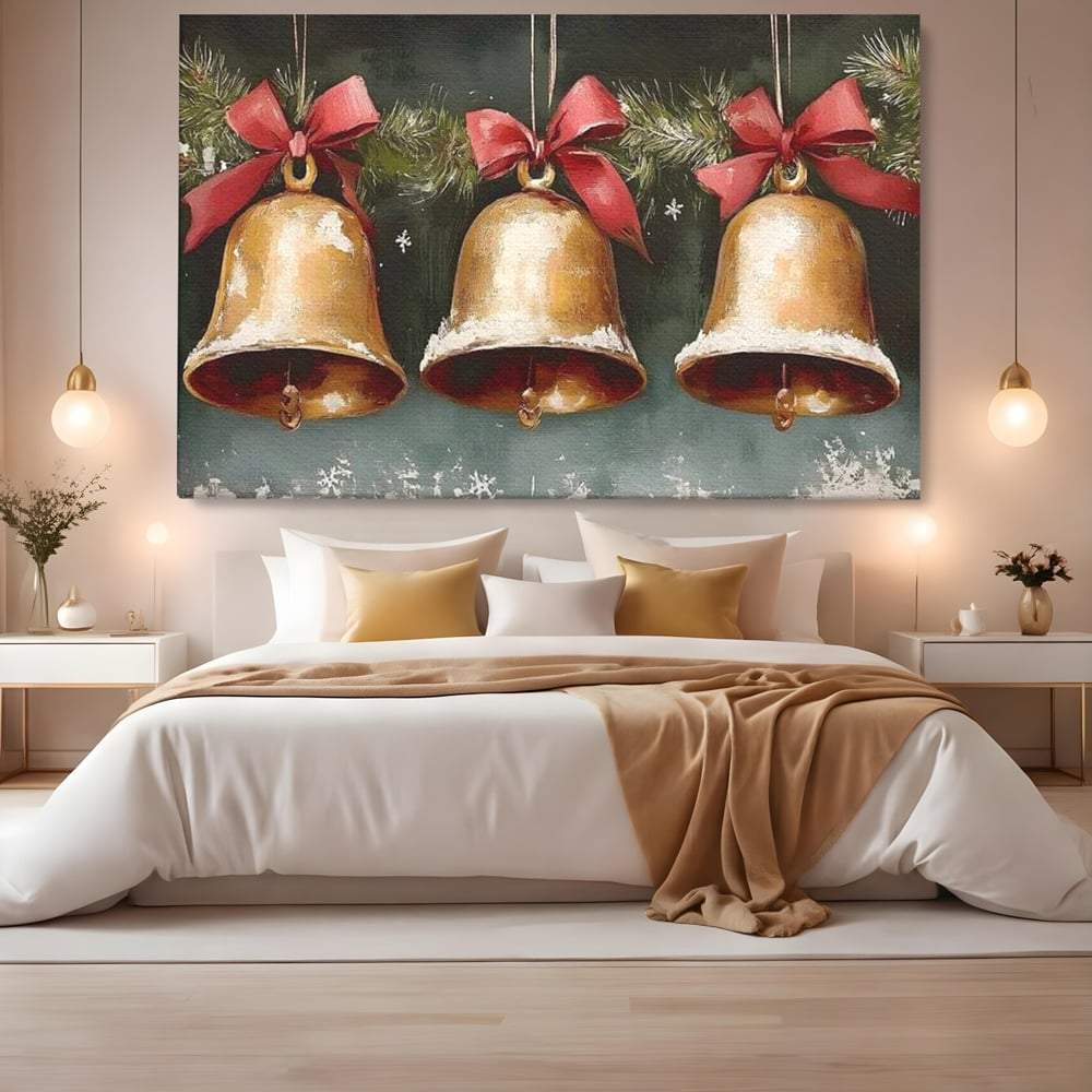 Leinwand Wandkunst Canvas Wall Art Premium, LuxCanva® D1084, Holiday Echos, Glocken, Weihnachten, Golden, Rot, Früchte, Tanne, Grün, Magie, Klang, Äste, Zweige, Tradition, Freude, Dezember, fröhlich, Kinderzimmer, Wohnzimmer, Schlafzimmer