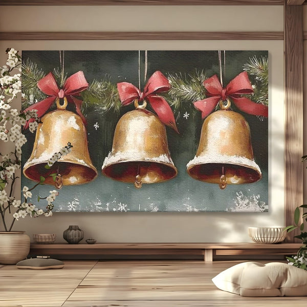 Leinwand Wandkunst Canvas Wall Art Premium, LuxCanva® D1084, Holiday Echos, Glocken, Weihnachten, Golden, Rot, Früchte, Tanne, Grün, Magie, Klang, Äste, Zweige, Tradition, Freude, Dezember, fröhlich, Kinderzimmer, Wohnzimmer, Schlafzimmer