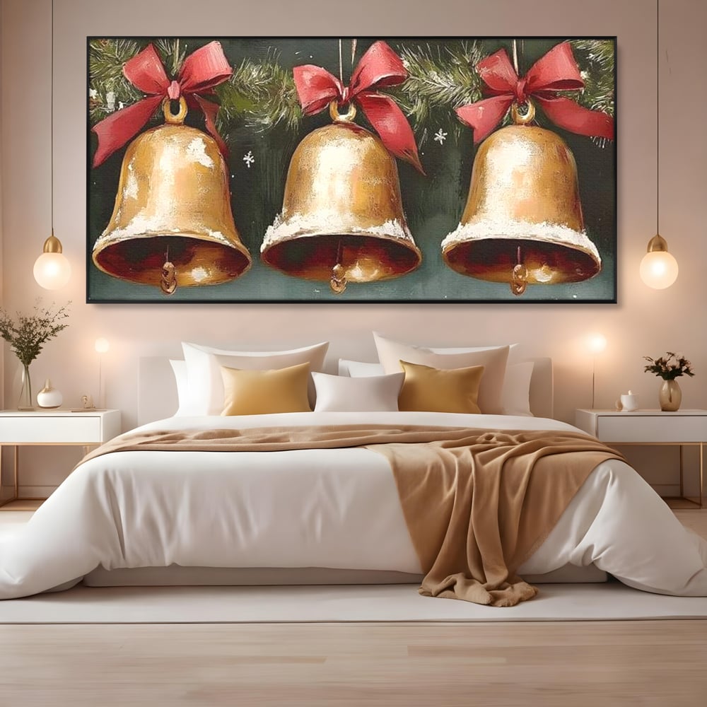 Leinwand Wandkunst Canvas Wall Art Premium, LuxCanva® D1084, Holiday Echos, Glocken, Weihnachten, Golden, Rot, Früchte, Tanne, Grün, Magie, Klang, Äste, Zweige, Tradition, Freude, Dezember, fröhlich, Kinderzimmer, Wohnzimmer, Schlafzimmer