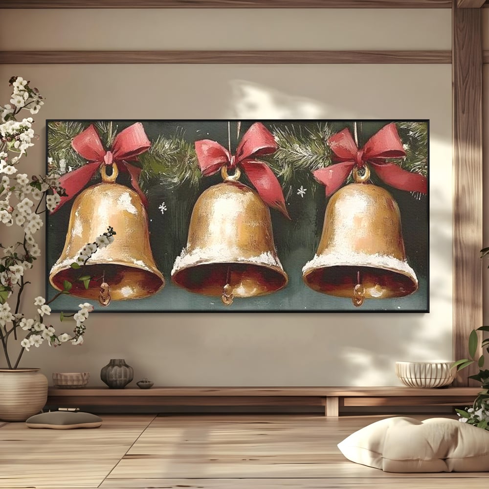 Leinwand Wandkunst Canvas Wall Art Premium, LuxCanva® D1084, Holiday Echos, Glocken, Weihnachten, Golden, Rot, Früchte, Tanne, Grün, Magie, Klang, Äste, Zweige, Tradition, Freude, Dezember, fröhlich, Kinderzimmer, Wohnzimmer, Schlafzimmer