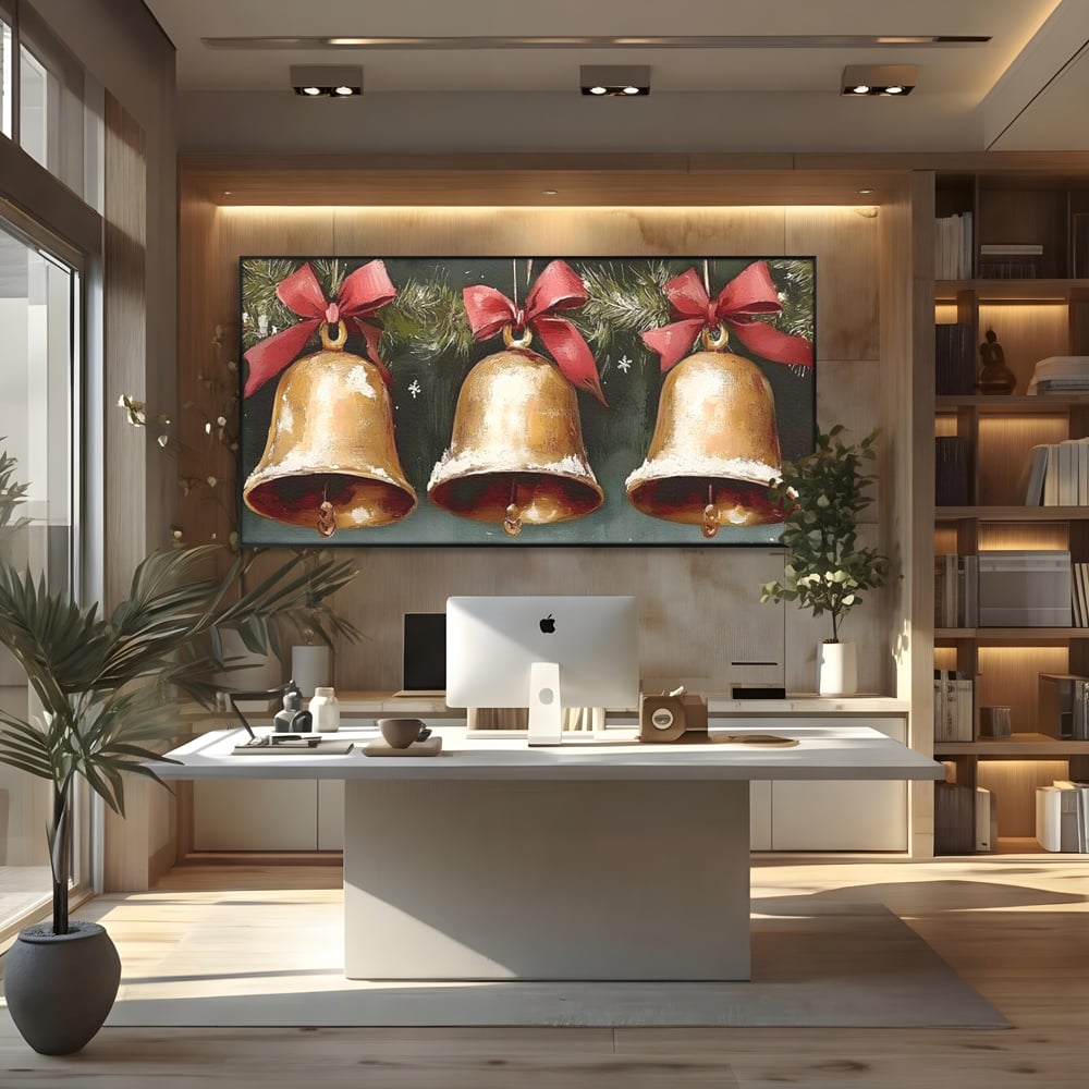 Leinwand Wandkunst Canvas Wall Art Premium, LuxCanva® D1084, Holiday Echos, Glocken, Weihnachten, Golden, Rot, Früchte, Tanne, Grün, Magie, Klang, Äste, Zweige, Tradition, Freude, Dezember, fröhlich, Kinderzimmer, Wohnzimmer, Schlafzimmer