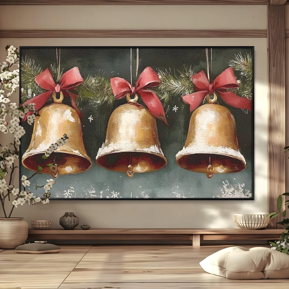 Leinwand Wandkunst Canvas Wall Art Premium, LuxCanva® D1084, Holiday Echos, Glocken, Weihnachten, Golden, Rot, Früchte, Tanne, Grün, Magie, Klang, Äste, Zweige, Tradition, Freude, Dezember, fröhlich, Kinderzimmer, Wohnzimmer, Schlafzimmer