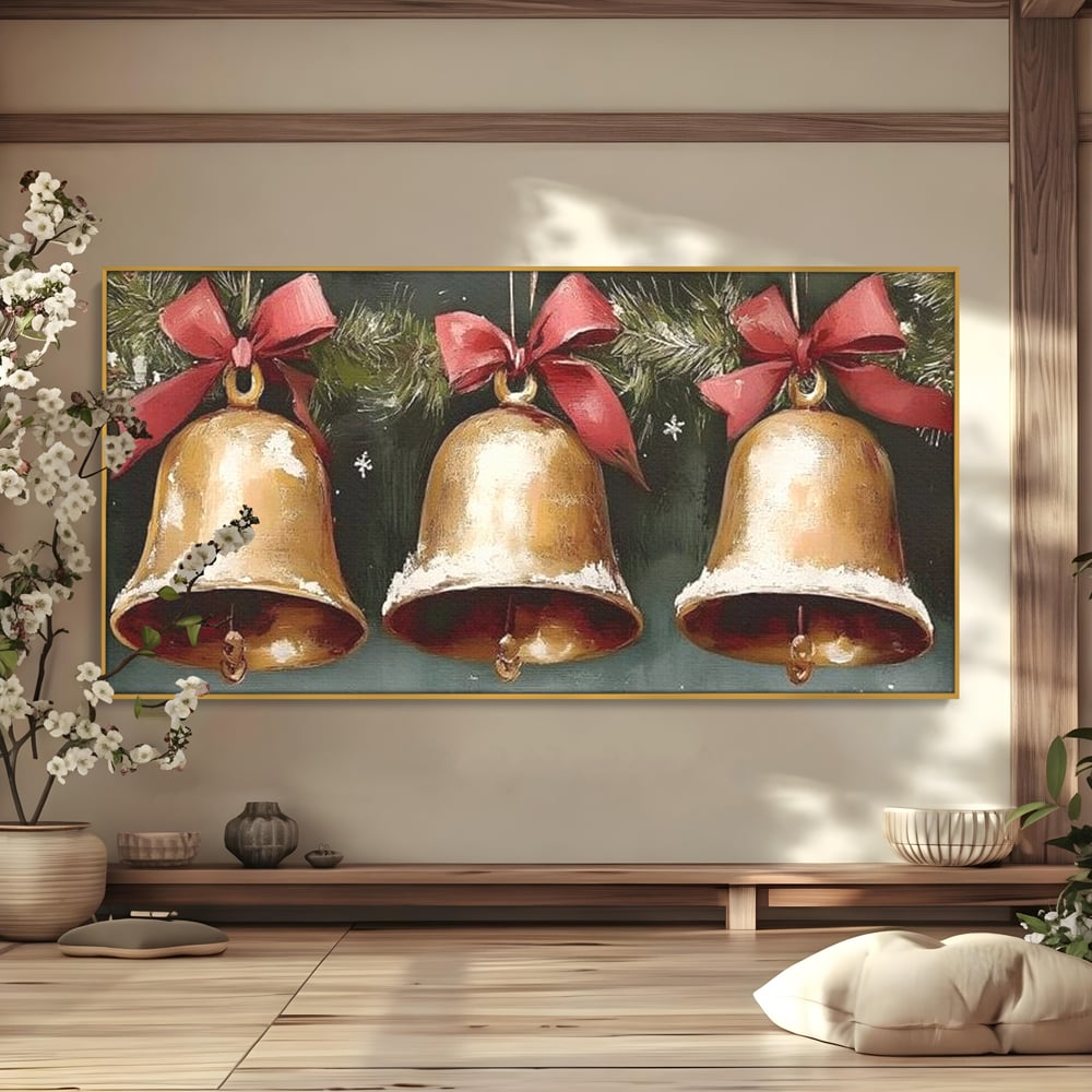Leinwand Wandkunst Canvas Wall Art Premium, LuxCanva® D1084, Holiday Echos, Glocken, Weihnachten, Golden, Rot, Früchte, Tanne, Grün, Magie, Klang, Äste, Zweige, Tradition, Freude, Dezember, fröhlich, Kinderzimmer, Wohnzimmer, Schlafzimmer