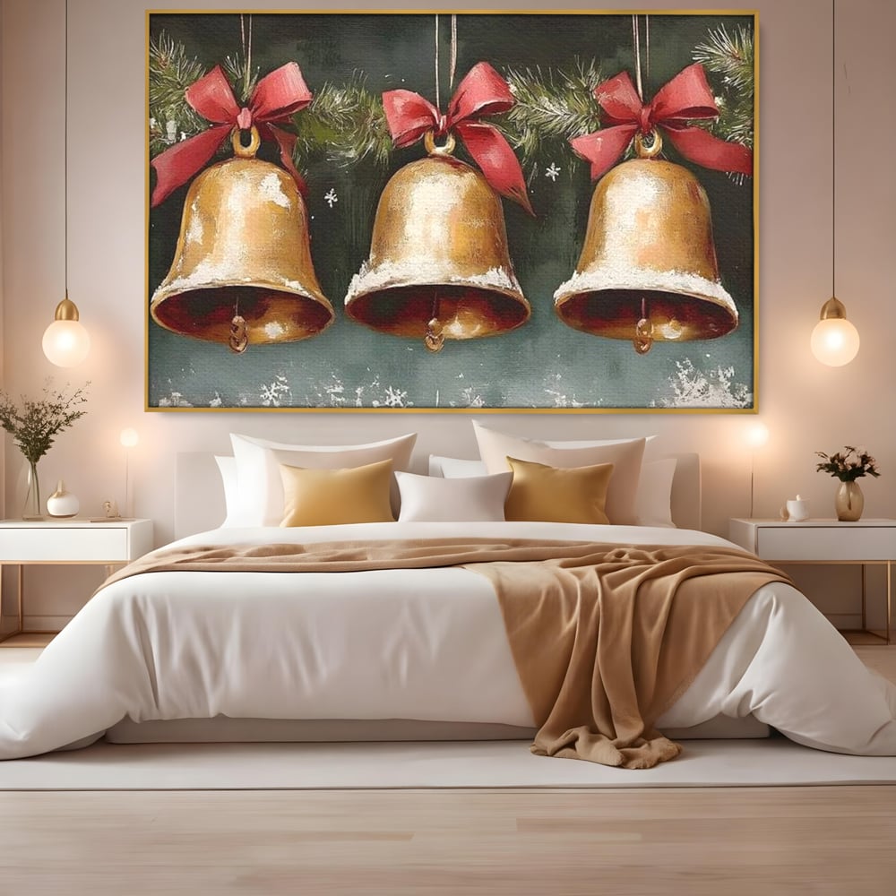 Leinwand Wandkunst Canvas Wall Art Premium, LuxCanva® D1084, Holiday Echos, Glocken, Weihnachten, Golden, Rot, Früchte, Tanne, Grün, Magie, Klang, Äste, Zweige, Tradition, Freude, Dezember, fröhlich, Kinderzimmer, Wohnzimmer, Schlafzimmer