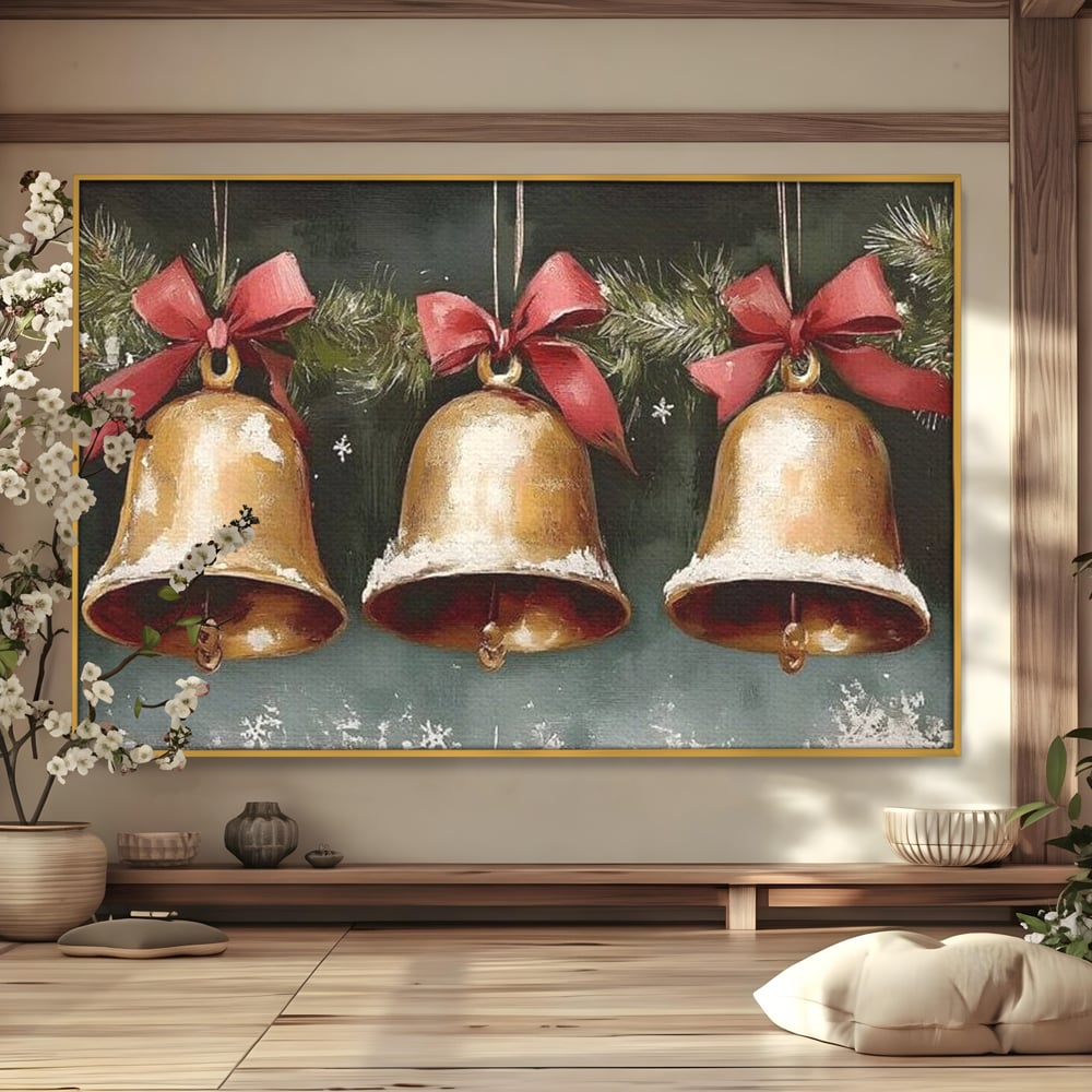 Leinwand Wandkunst Canvas Wall Art Premium, LuxCanva® D1084, Holiday Echos, Glocken, Weihnachten, Golden, Rot, Früchte, Tanne, Grün, Magie, Klang, Äste, Zweige, Tradition, Freude, Dezember, fröhlich, Kinderzimmer, Wohnzimmer, Schlafzimmer