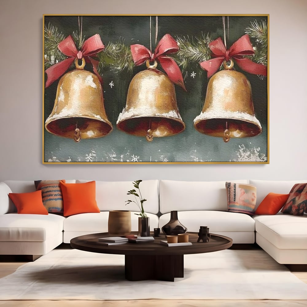 Leinwand Wandkunst Canvas Wall Art Premium, LuxCanva® D1084, Holiday Echos, Glocken, Weihnachten, Golden, Rot, Früchte, Tanne, Grün, Magie, Klang, Äste, Zweige, Tradition, Freude, Dezember, fröhlich, Kinderzimmer, Wohnzimmer, Schlafzimmer