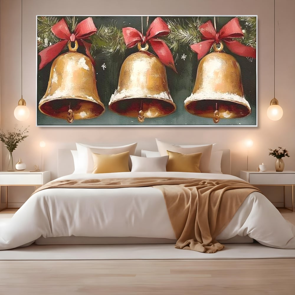 Leinwand Wandkunst Canvas Wall Art Premium, LuxCanva® D1084, Holiday Echos, Glocken, Weihnachten, Golden, Rot, Früchte, Tanne, Grün, Magie, Klang, Äste, Zweige, Tradition, Freude, Dezember, fröhlich, Kinderzimmer, Wohnzimmer, Schlafzimmer