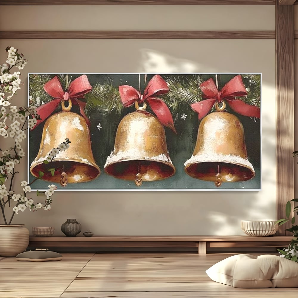 Leinwand Wandkunst Canvas Wall Art Premium, LuxCanva® D1084, Holiday Echos, Glocken, Weihnachten, Golden, Rot, Früchte, Tanne, Grün, Magie, Klang, Äste, Zweige, Tradition, Freude, Dezember, fröhlich, Kinderzimmer, Wohnzimmer, Schlafzimmer