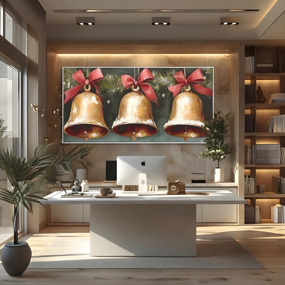 Leinwand Wandkunst Canvas Wall Art Premium, LuxCanva® D1084, Holiday Echos, Glocken, Weihnachten, Golden, Rot, Früchte, Tanne, Grün, Magie, Klang, Äste, Zweige, Tradition, Freude, Dezember, fröhlich, Kinderzimmer, Wohnzimmer, Schlafzimmer