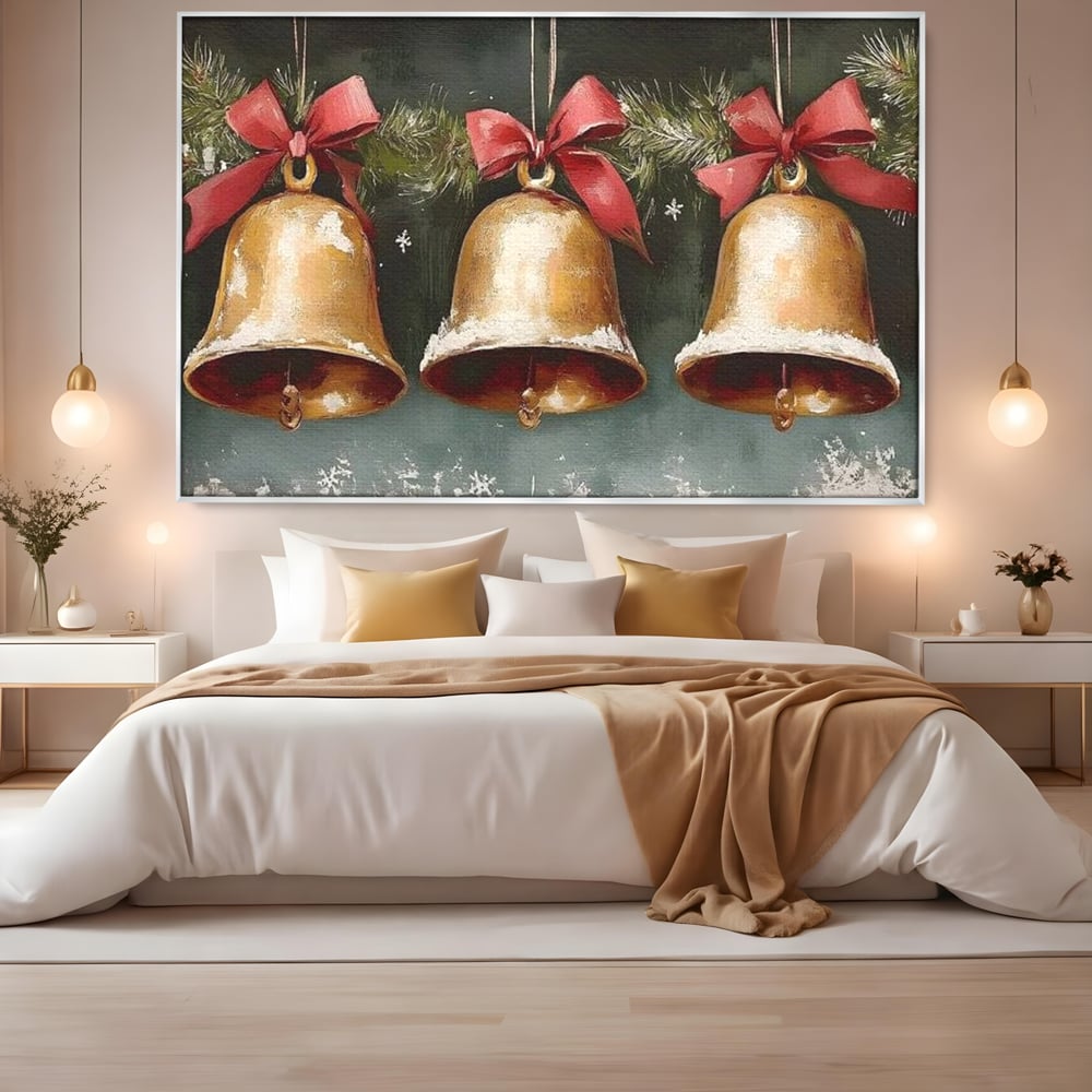 Leinwand Wandkunst Canvas Wall Art Premium, LuxCanva® D1084, Holiday Echos, Glocken, Weihnachten, Golden, Rot, Früchte, Tanne, Grün, Magie, Klang, Äste, Zweige, Tradition, Freude, Dezember, fröhlich, Kinderzimmer, Wohnzimmer, Schlafzimmer