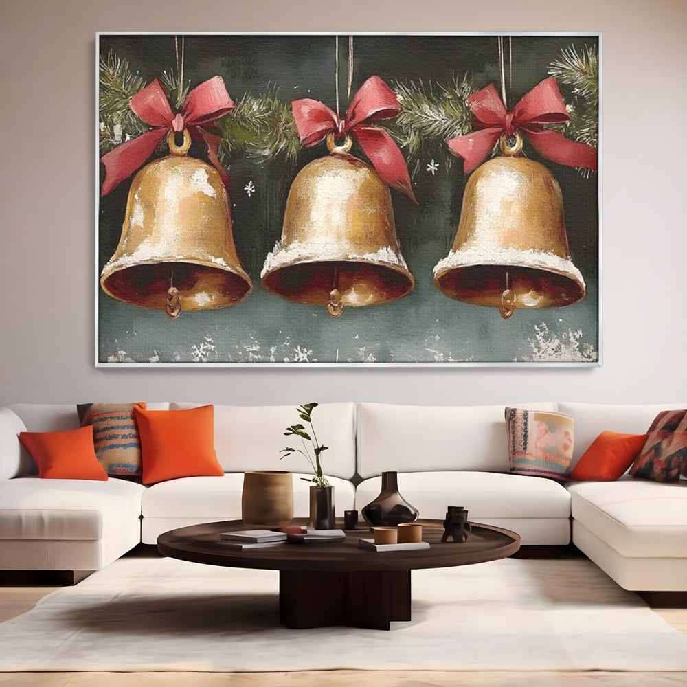 Leinwand Wandkunst Canvas Wall Art Premium, LuxCanva® D1084, Holiday Echos, Glocken, Weihnachten, Golden, Rot, Früchte, Tanne, Grün, Magie, Klang, Äste, Zweige, Tradition, Freude, Dezember, fröhlich, Kinderzimmer, Wohnzimmer, Schlafzimmer