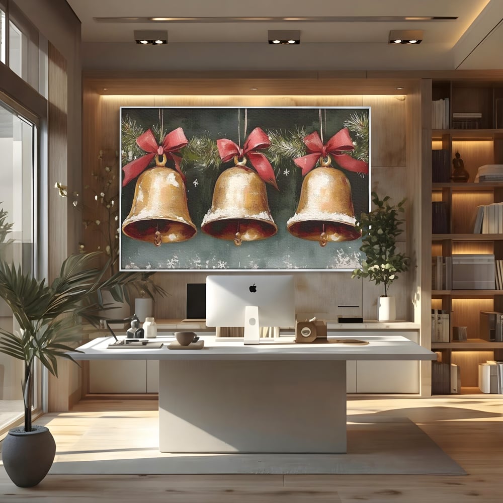 Leinwand Wandkunst Canvas Wall Art Premium, LuxCanva® D1084, Holiday Echos, Glocken, Weihnachten, Golden, Rot, Früchte, Tanne, Grün, Magie, Klang, Äste, Zweige, Tradition, Freude, Dezember, fröhlich, Kinderzimmer, Wohnzimmer, Schlafzimmer