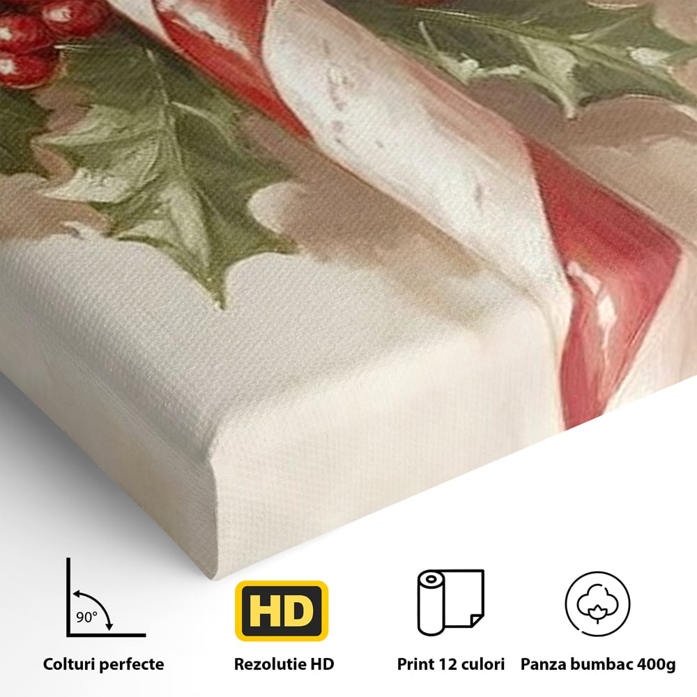 Tablou Canvas Premium, LuxCanva® D1085, Acadea Festiva, Candy, Bomboane, Baston, Dulceata, Rosu, Alb, Zahar, Bobite, Frunze, Iarna, Copilarie, Cadouri, Daruit, Emotie, Camera Copil, Living, Dormitor