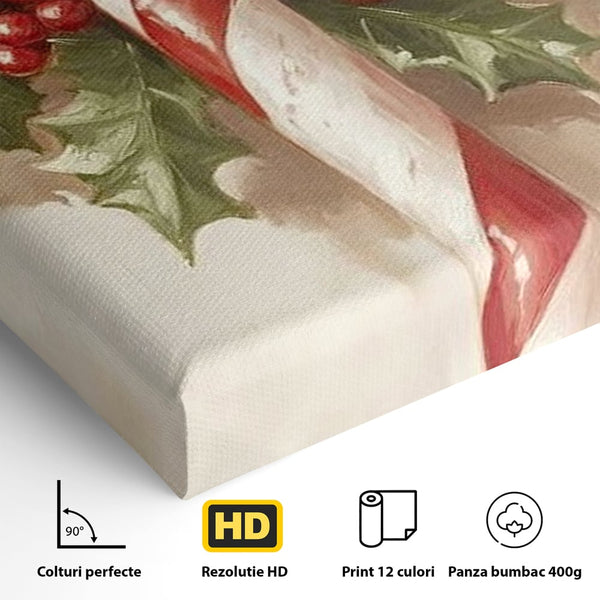 Tablou Canvas Premium, LuxCanva® D1085, Acadea Festiva, Candy, Bomboane, Baston, Dulceata, Rosu, Alb, Zahar, Bobite, Frunze, Iarna, Copilarie, Cadouri, Daruit, Emotie, Camera Copil, Living, Dormitor