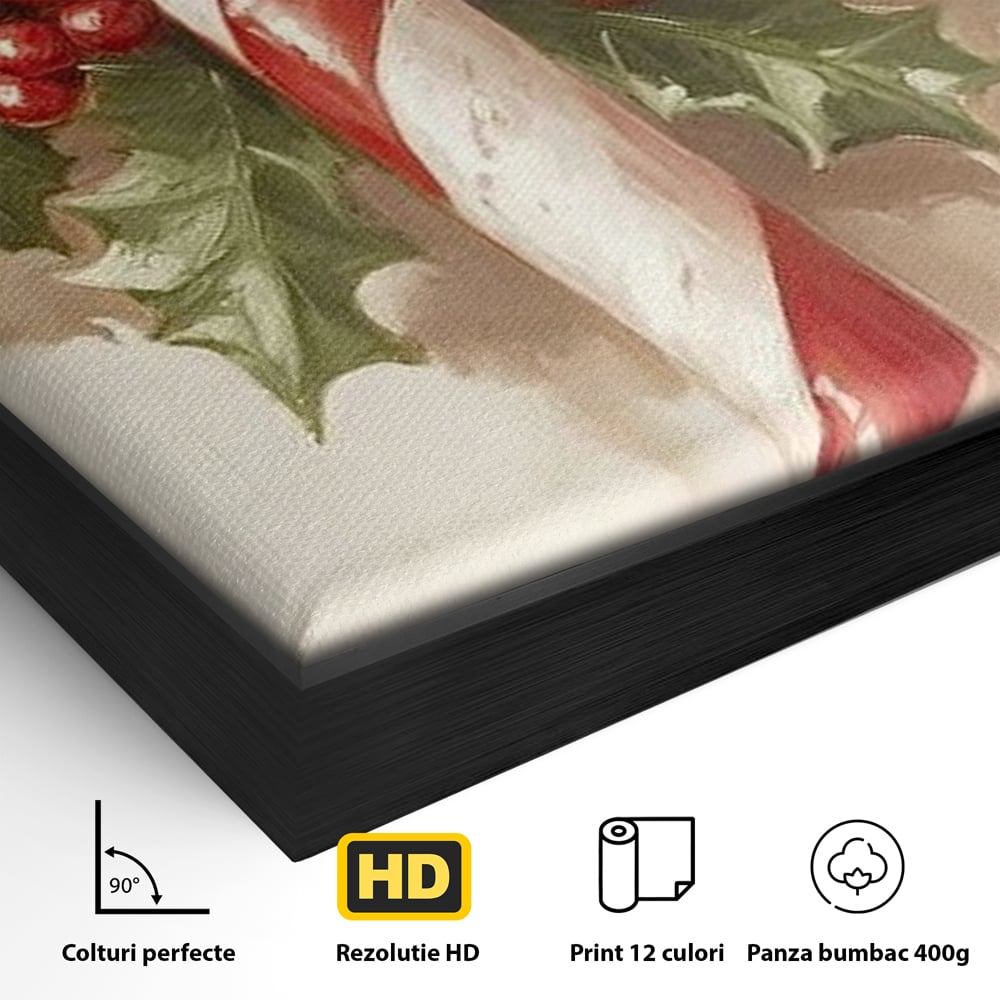 Tablou Canvas Premium, LuxCanva® D1085, Acadea Festiva, Candy, Bomboane, Baston, Dulceata, Rosu, Alb, Zahar, Bobite, Frunze, Iarna, Copilarie, Cadouri, Daruit, Emotie, Camera Copil, Living, Dormitor