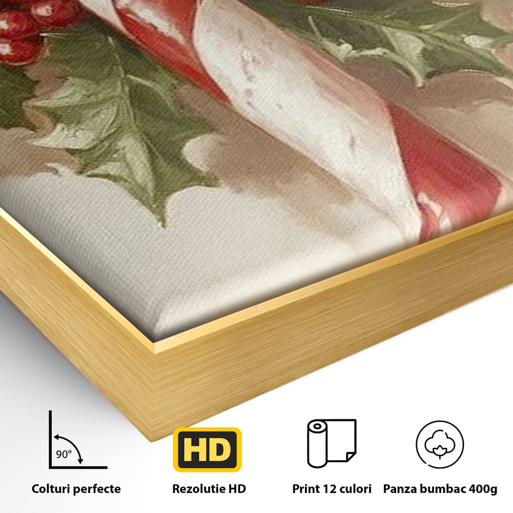 Tablou Canvas Premium, LuxCanva® D1085, Acadea Festiva, Candy, Bomboane, Baston, Dulceata, Rosu, Alb, Zahar, Bobite, Frunze, Iarna, Copilarie, Cadouri, Daruit, Emotie, Camera Copil, Living, Dormitor