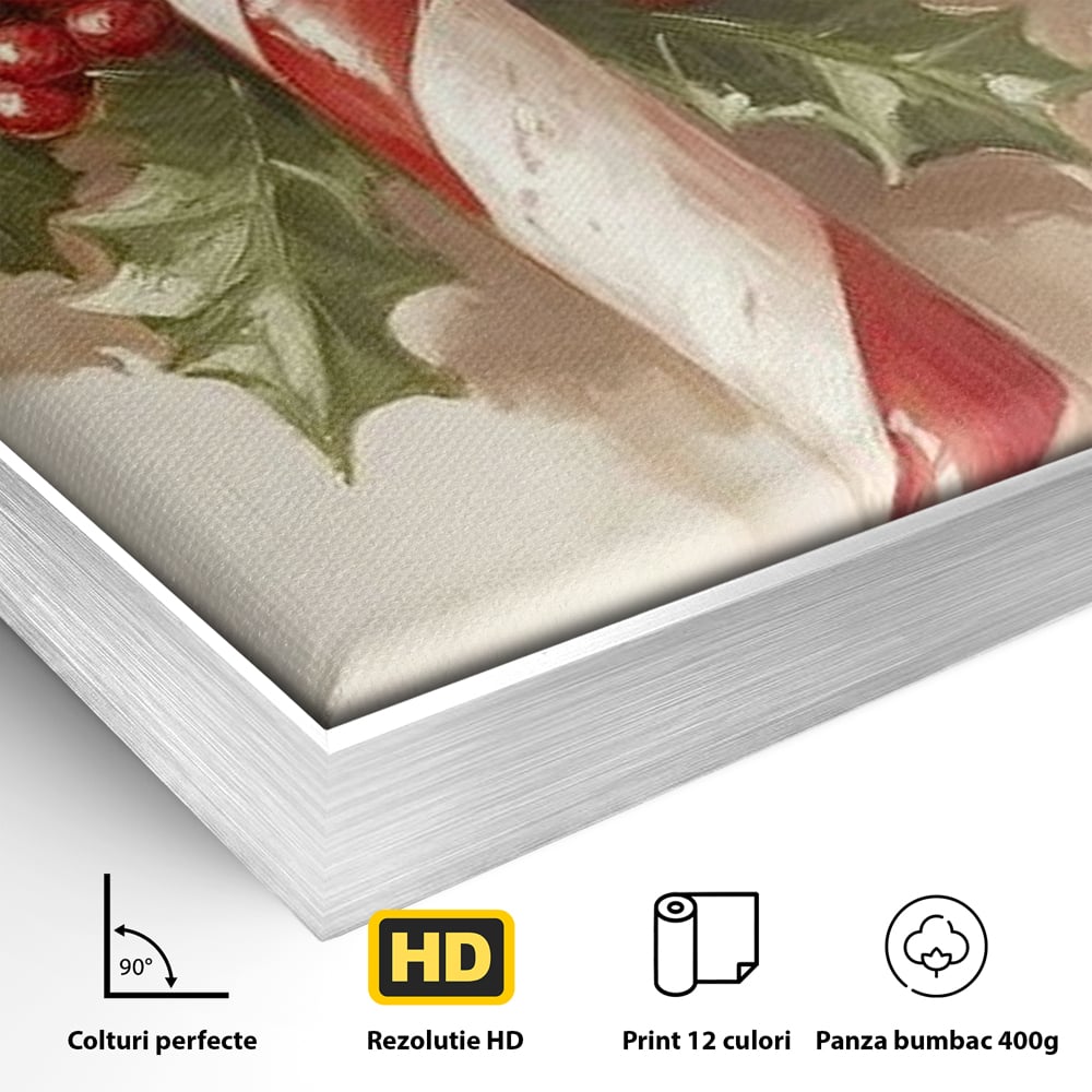 Tablou Canvas Premium, LuxCanva® D1085, Acadea Festiva, Candy, Bomboane, Baston, Dulceata, Rosu, Alb, Zahar, Bobite, Frunze, Iarna, Copilarie, Cadouri, Daruit, Emotie, Camera Copil, Living, Dormitor