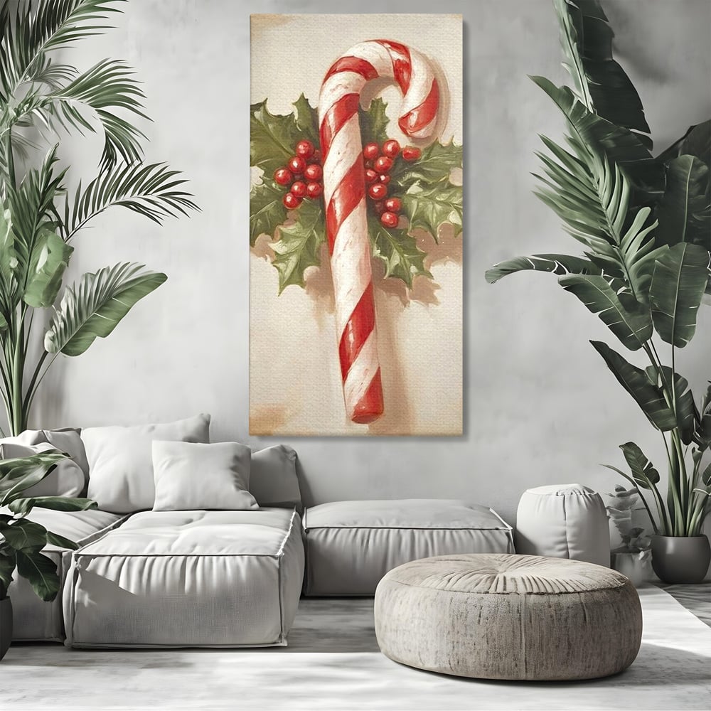 Tablou Canvas Premium, LuxCanva® D1085, Acadea Festiva, Candy, Bomboane, Baston, Dulceata, Rosu, Alb, Zahar, Bobite, Frunze, Iarna, Copilarie, Cadouri, Daruit, Emotie, Camera Copil, Living, Dormitor