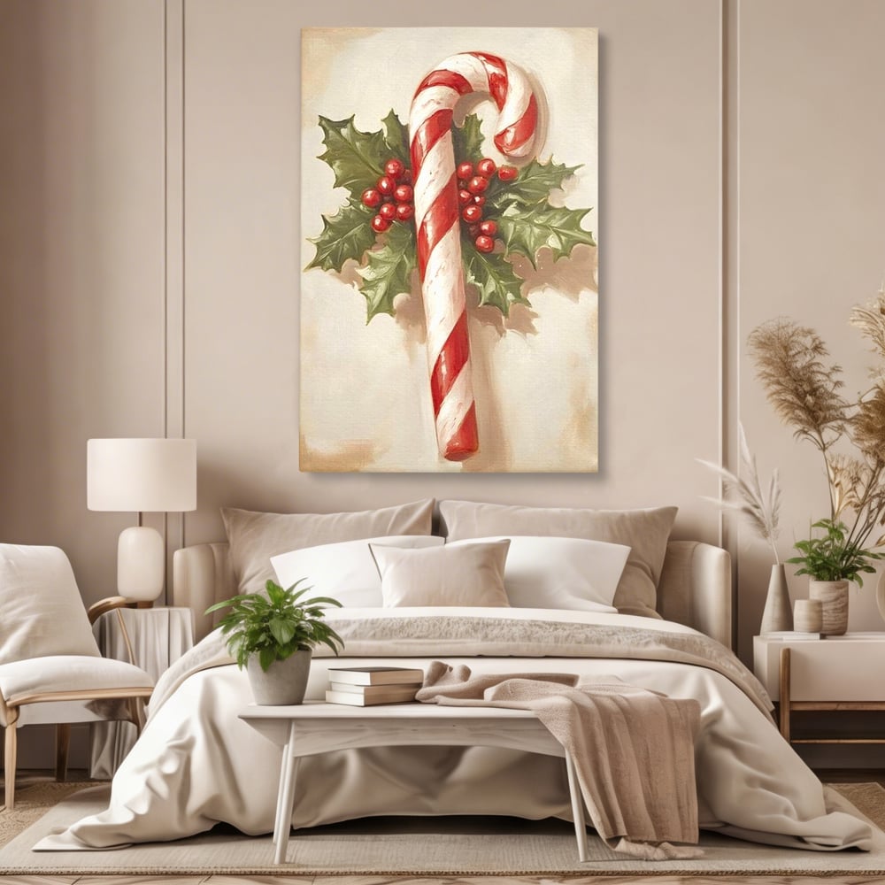 Tablou Canvas Premium, LuxCanva® D1085, Acadea Festiva, Candy, Bomboane, Baston, Dulceata, Rosu, Alb, Zahar, Bobite, Frunze, Iarna, Copilarie, Cadouri, Daruit, Emotie, Camera Copil, Living, Dormitor
