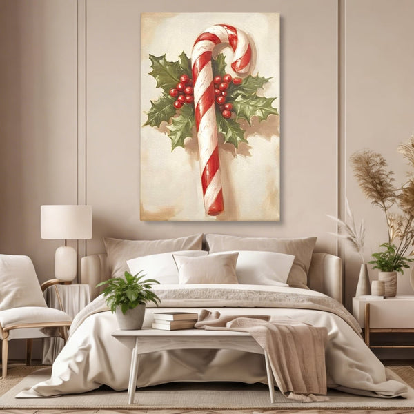 Tablou Canvas Premium, LuxCanva® D1085, Acadea Festiva, Candy, Bomboane, Baston, Dulceata, Rosu, Alb, Zahar, Bobite, Frunze, Iarna, Copilarie, Cadouri, Daruit, Emotie, Camera Copil, Living, Dormitor