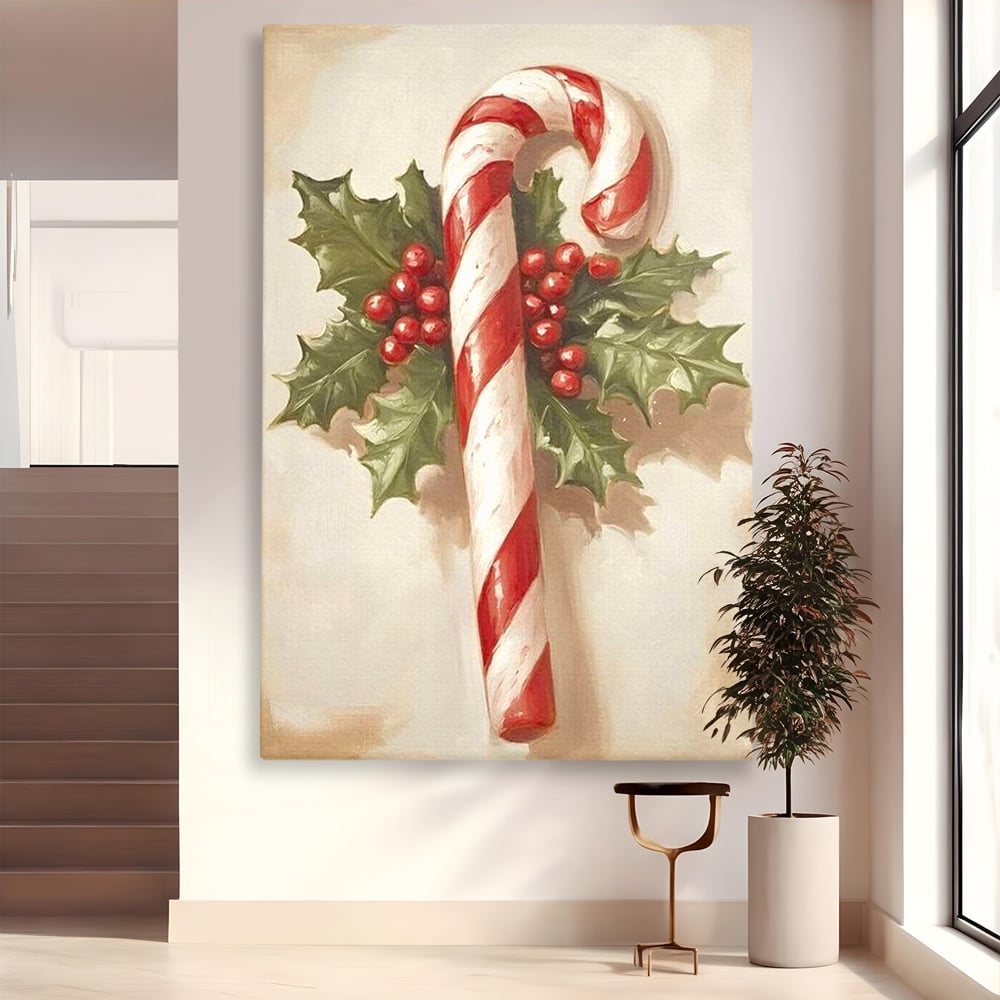 Tablou Canvas Premium, LuxCanva® D1085, Acadea Festiva, Candy, Bomboane, Baston, Dulceata, Rosu, Alb, Zahar, Bobite, Frunze, Iarna, Copilarie, Cadouri, Daruit, Emotie, Camera Copil, Living, Dormitor
