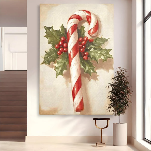 Tablou Canvas Premium, LuxCanva® D1085, Acadea Festiva, Candy, Bomboane, Baston, Dulceata, Rosu, Alb, Zahar, Bobite, Frunze, Iarna, Copilarie, Cadouri, Daruit, Emotie, Camera Copil, Living, Dormitor