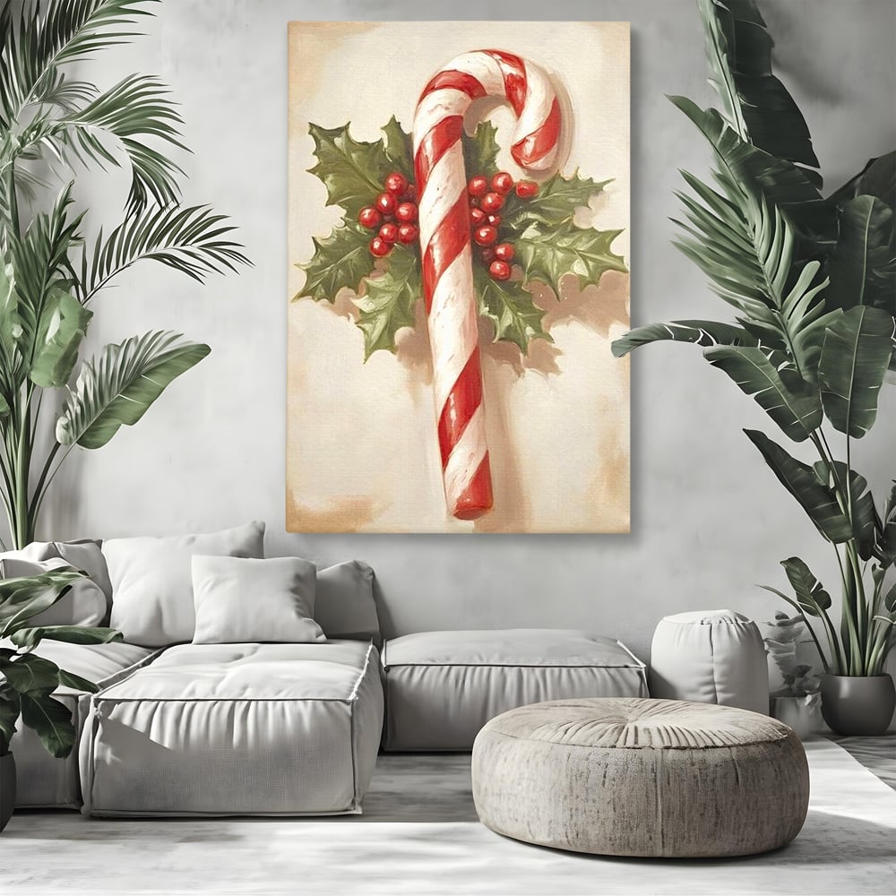 Tablou Canvas Premium, LuxCanva® D1085, Acadea Festiva, Candy, Bomboane, Baston, Dulceata, Rosu, Alb, Zahar, Bobite, Frunze, Iarna, Copilarie, Cadouri, Daruit, Emotie, Camera Copil, Living, Dormitor