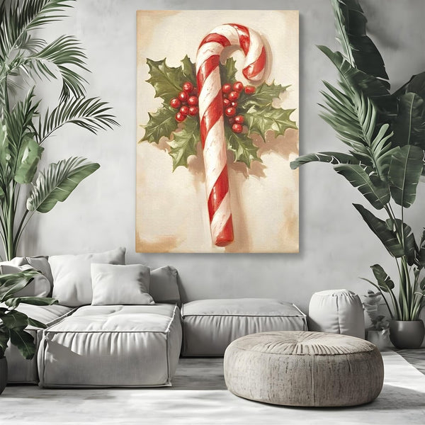 Tablou Canvas Premium, LuxCanva® D1085, Acadea Festiva, Candy, Bomboane, Baston, Dulceata, Rosu, Alb, Zahar, Bobite, Frunze, Iarna, Copilarie, Cadouri, Daruit, Emotie, Camera Copil, Living, Dormitor