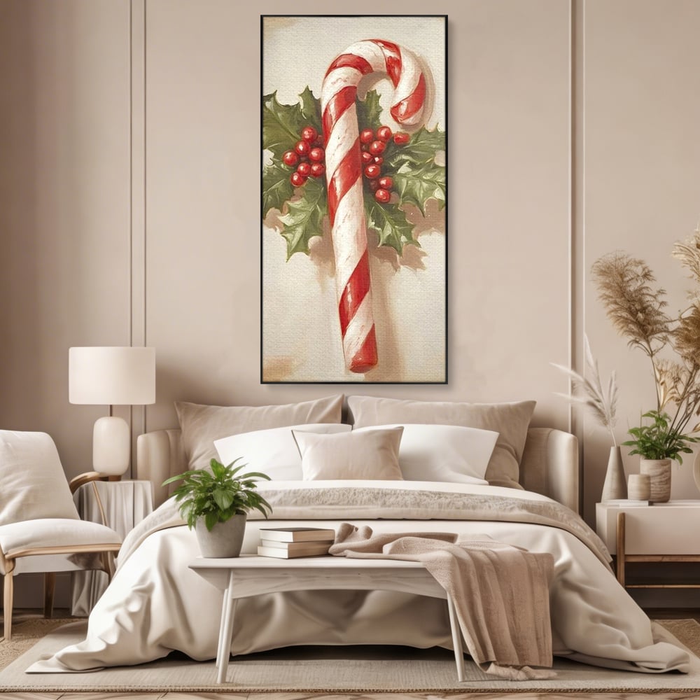 Tablou Canvas Premium, LuxCanva® D1085, Acadea Festiva, Candy, Bomboane, Baston, Dulceata, Rosu, Alb, Zahar, Bobite, Frunze, Iarna, Copilarie, Cadouri, Daruit, Emotie, Camera Copil, Living, Dormitor