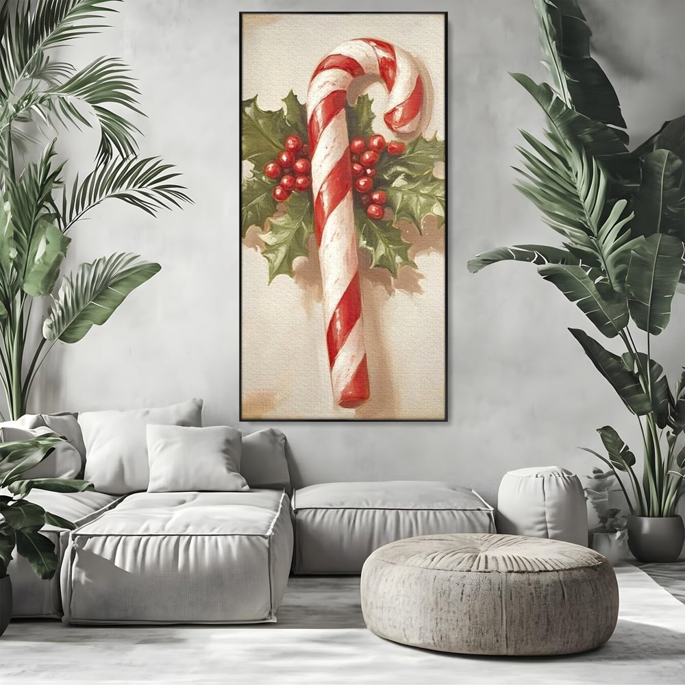 Tablou Canvas Premium, LuxCanva® D1085, Acadea Festiva, Candy, Bomboane, Baston, Dulceata, Rosu, Alb, Zahar, Bobite, Frunze, Iarna, Copilarie, Cadouri, Daruit, Emotie, Camera Copil, Living, Dormitor