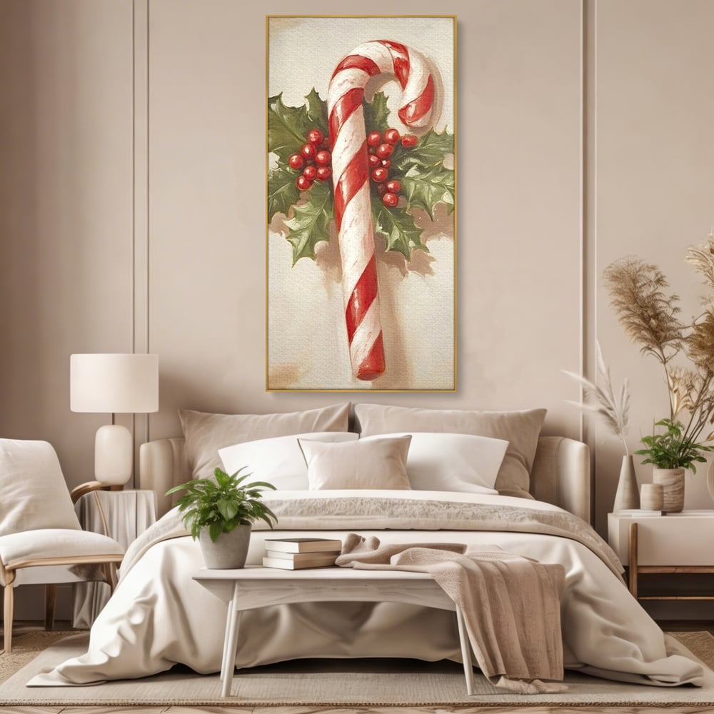Tablou Canvas Premium, LuxCanva® D1085, Acadea Festiva, Candy, Bomboane, Baston, Dulceata, Rosu, Alb, Zahar, Bobite, Frunze, Iarna, Copilarie, Cadouri, Daruit, Emotie, Camera Copil, Living, Dormitor