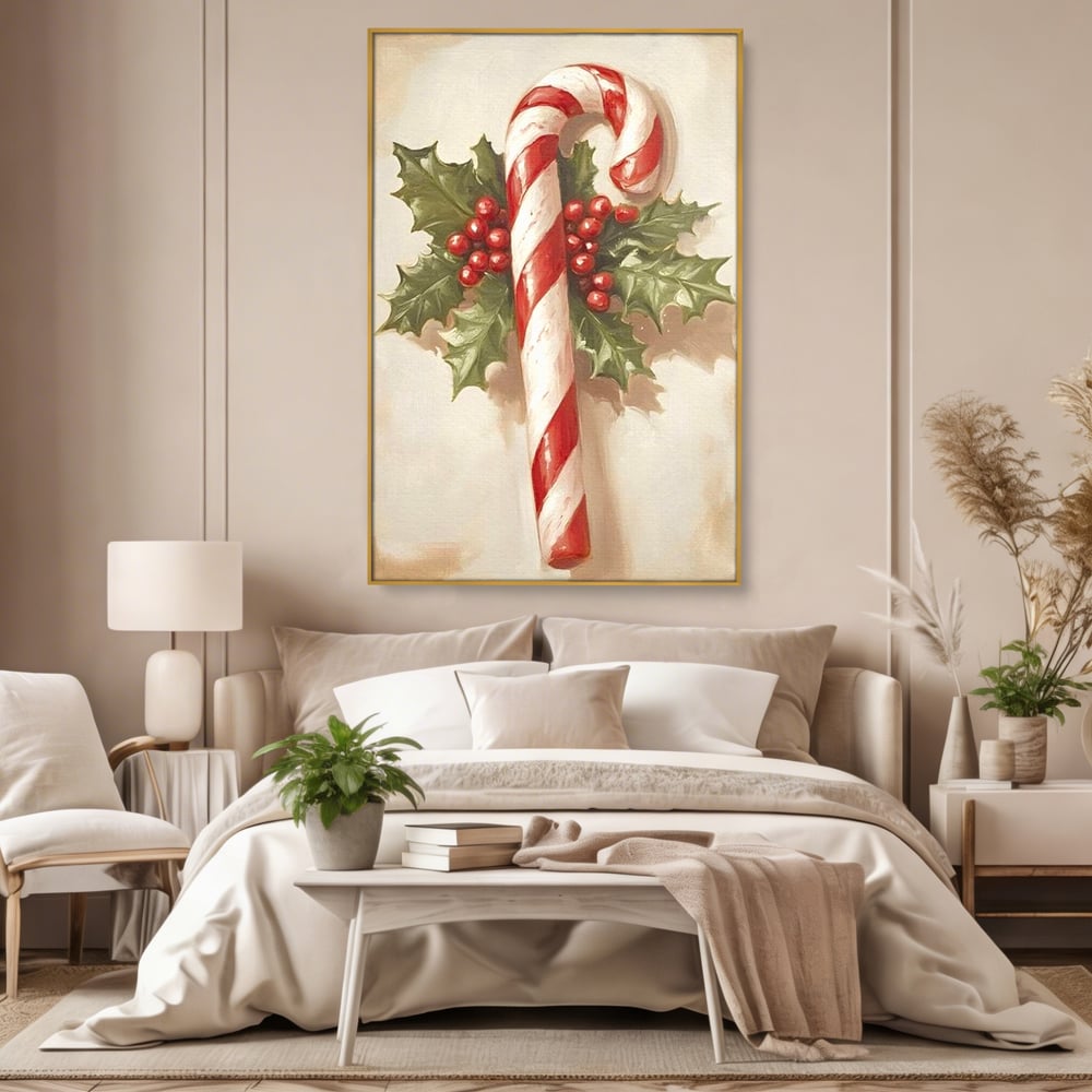 Tablou Canvas Premium, LuxCanva® D1085, Acadea Festiva, Candy, Bomboane, Baston, Dulceata, Rosu, Alb, Zahar, Bobite, Frunze, Iarna, Copilarie, Cadouri, Daruit, Emotie, Camera Copil, Living, Dormitor